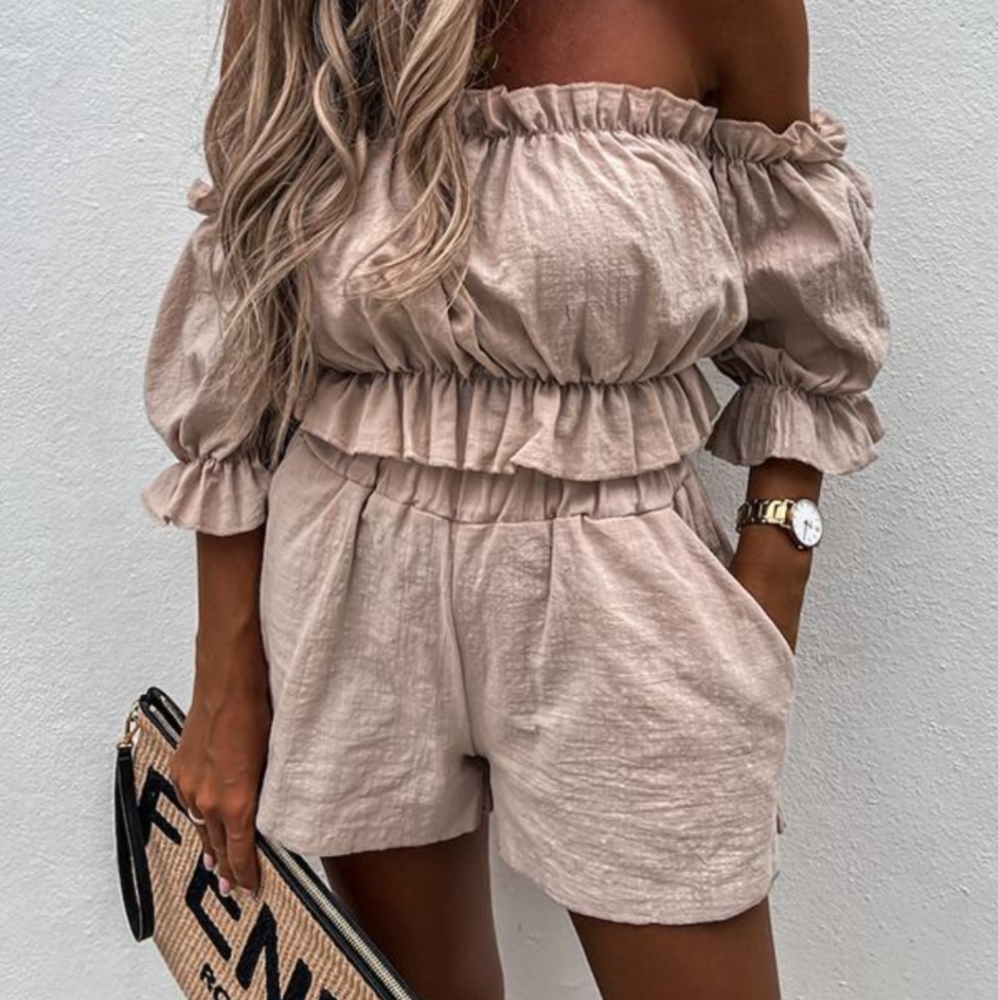 Summer Off Shoulder Linen Shorts Suit